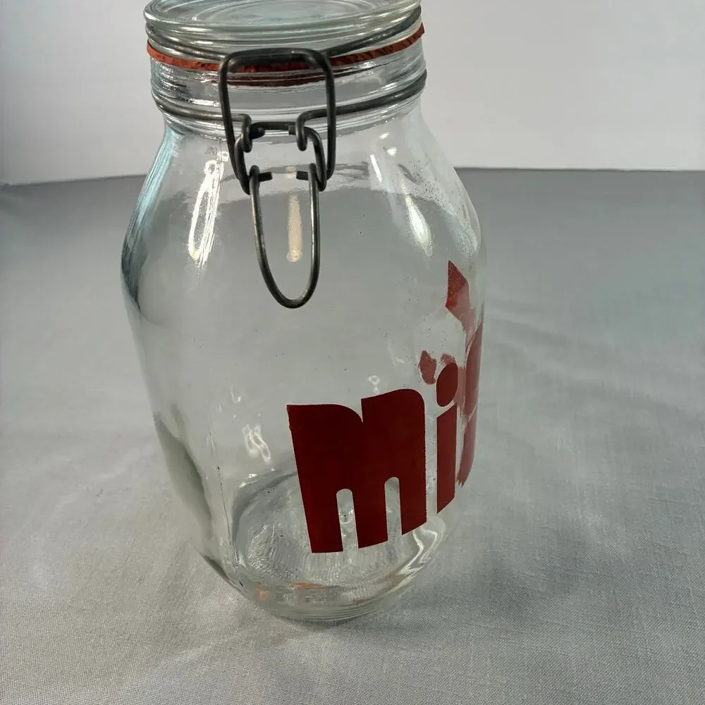 Vintage 3L Glass Storage Jar Clamp Lid Red Retro Graphic Kitchen Canister 11 In